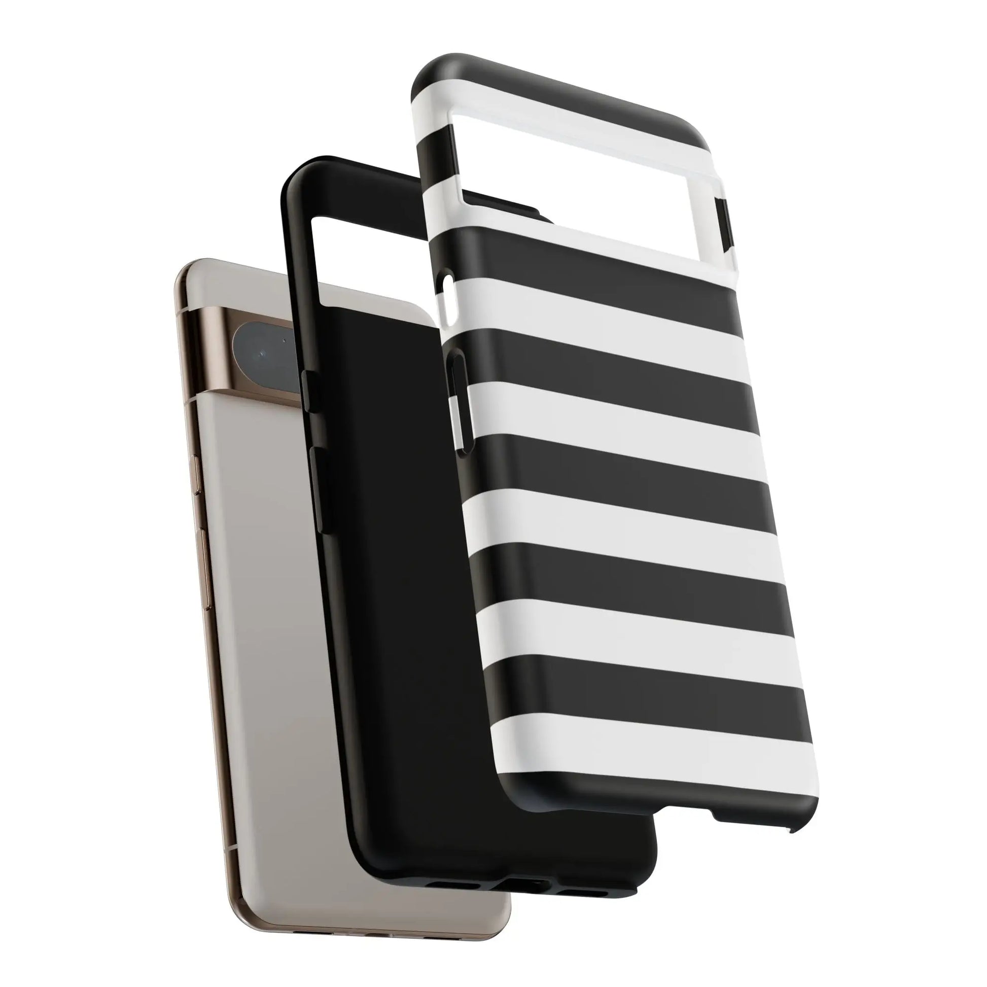 Black white stripe phone case with sleek modern design shown from the back for iphone samsung s and google pixel phones