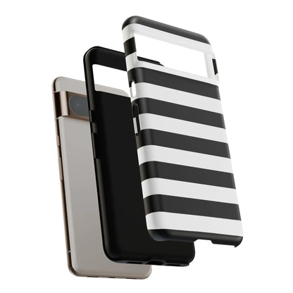 Black white stripe phone case with sleek modern design shown from the back for iphone samsung s and google pixel phones