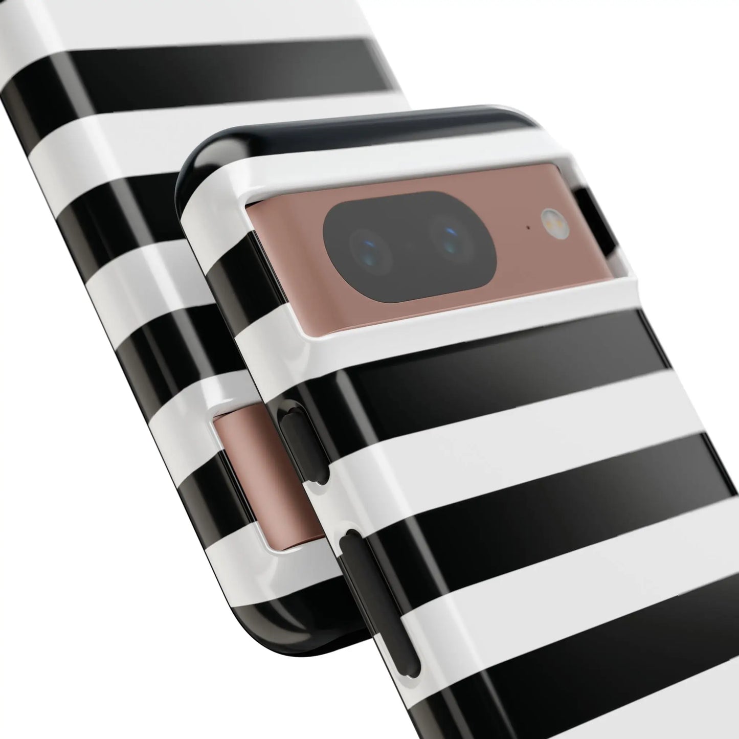 Back side of black white stripe phone case with rose gold accents for iphone samsung s and google pixel phones