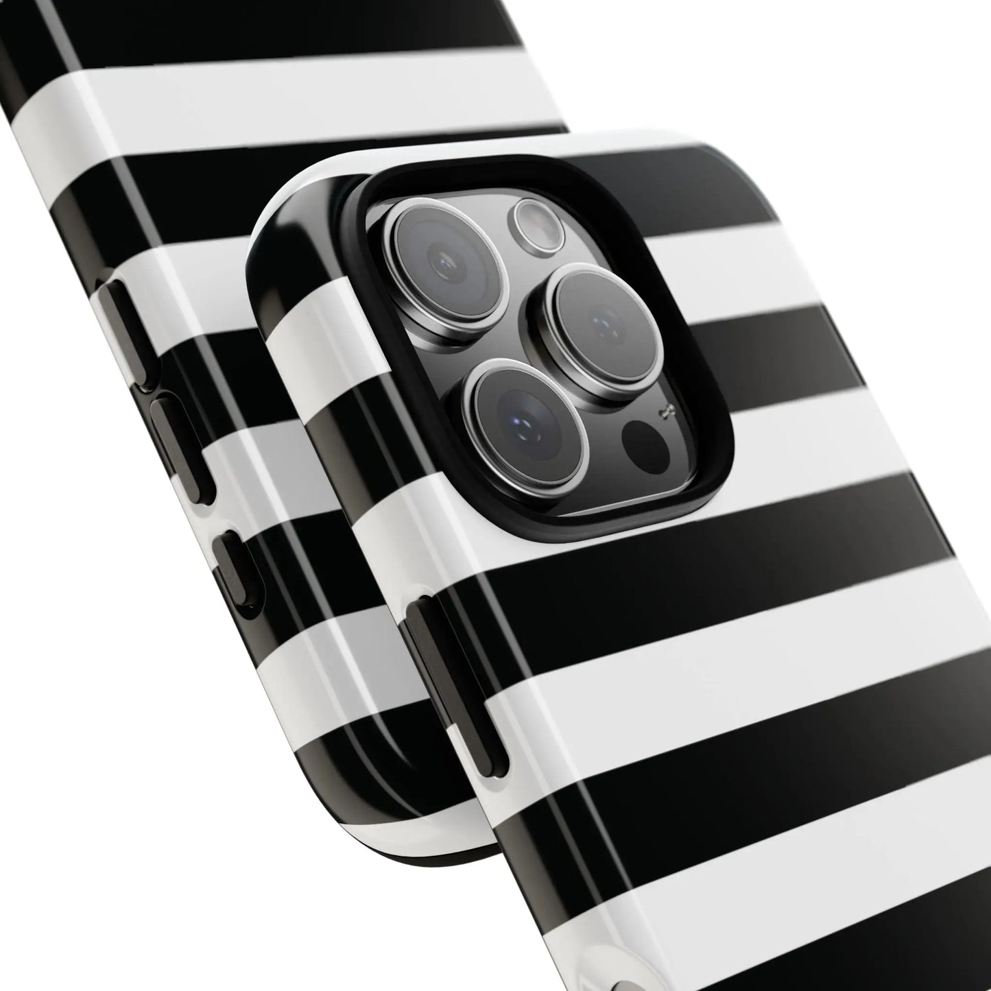 Back side of black white stripe phone case with glossy finish for iphone samsung s and google pixel phones