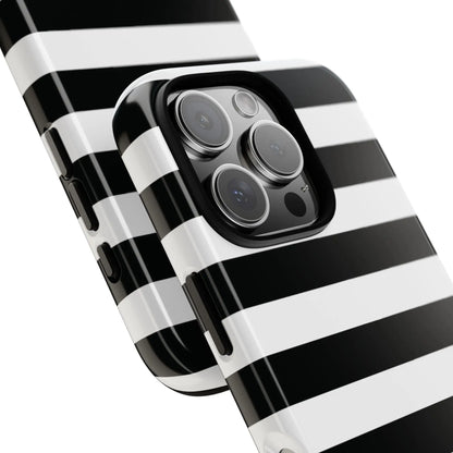 Back side of black white stripe phone case with glossy finish for iphone samsung s and google pixel phones