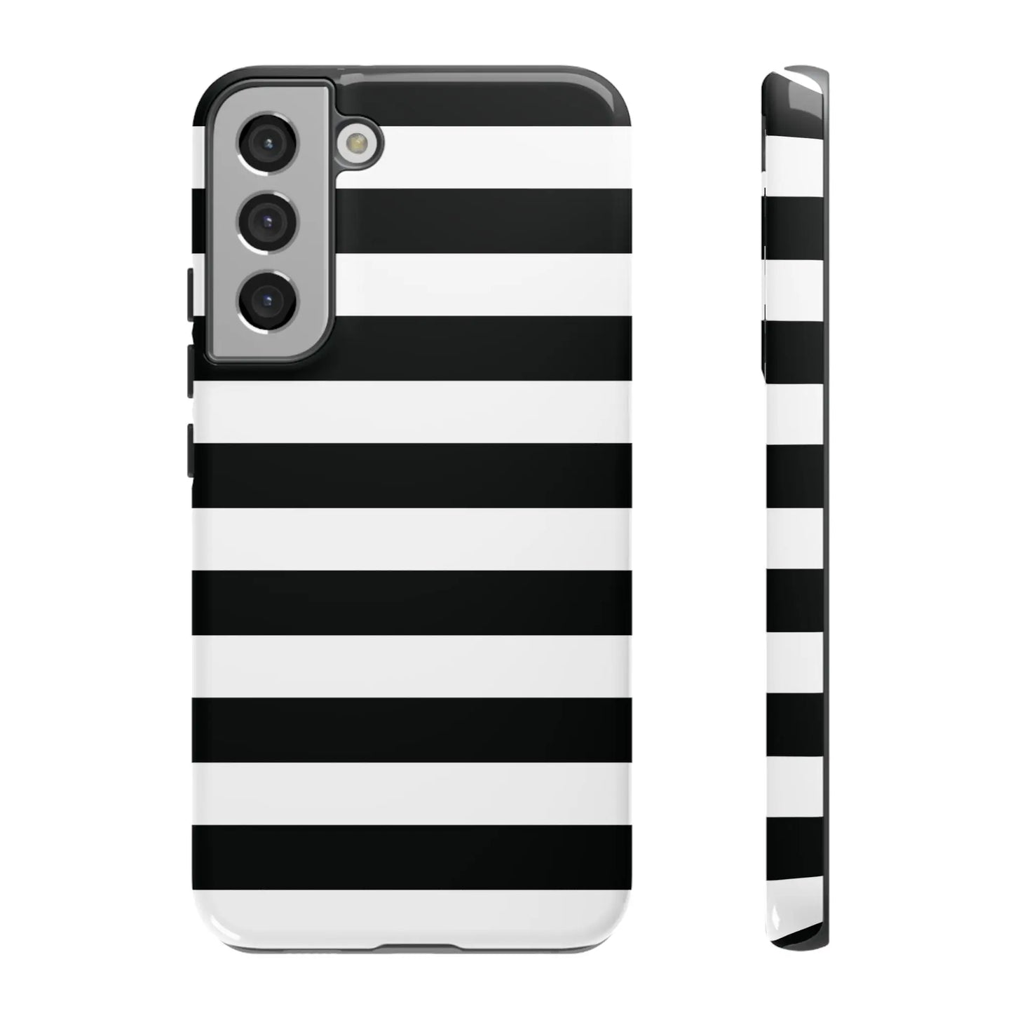 Black white stripe phone case for iphone samsung and google pixel with sleek glossy finish shown from back side