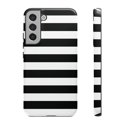 Black white stripe phone case for iphone samsung and google pixel with sleek glossy finish shown from back side