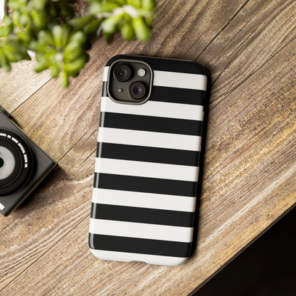 Back side of a black white stripe phone case with sleek modern design for iphone samsung s and google pixel phones