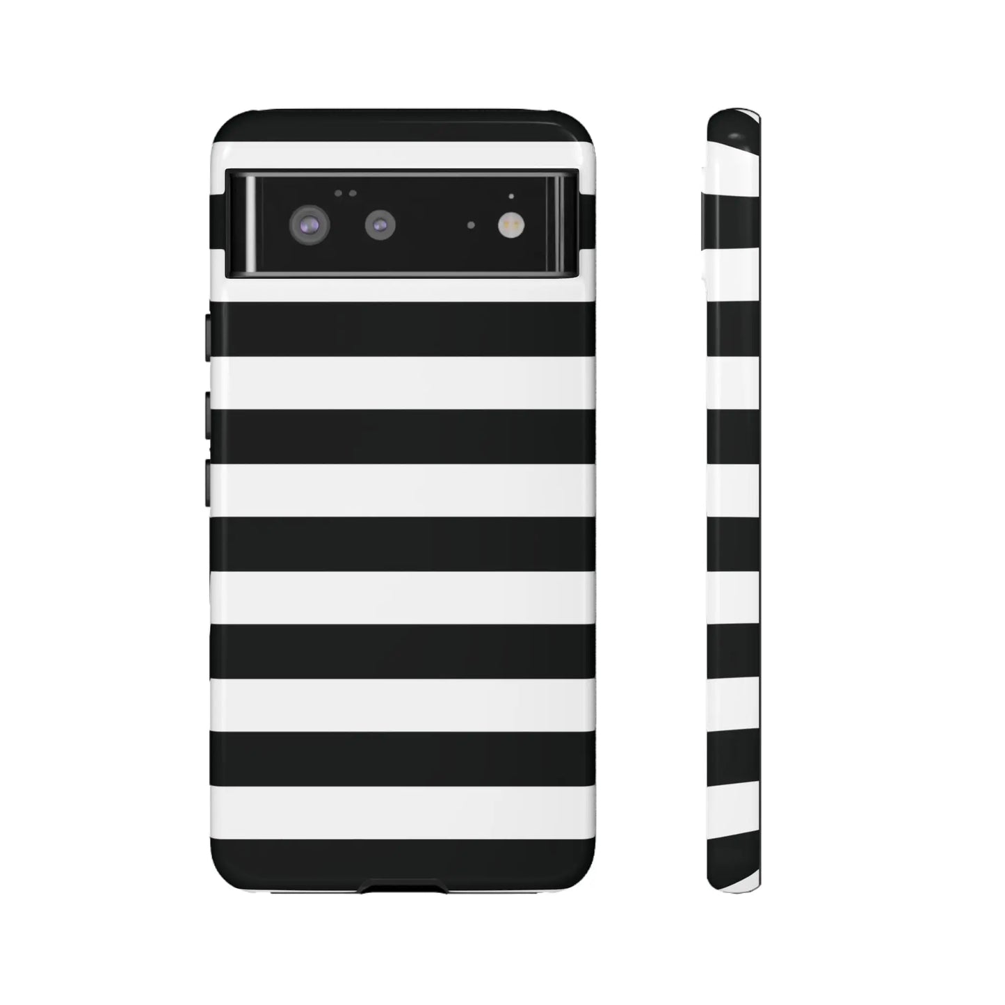Black white stripe phone case with bold horizontal stripes shown from the back for iPhone Samsung and Google Pixel phones