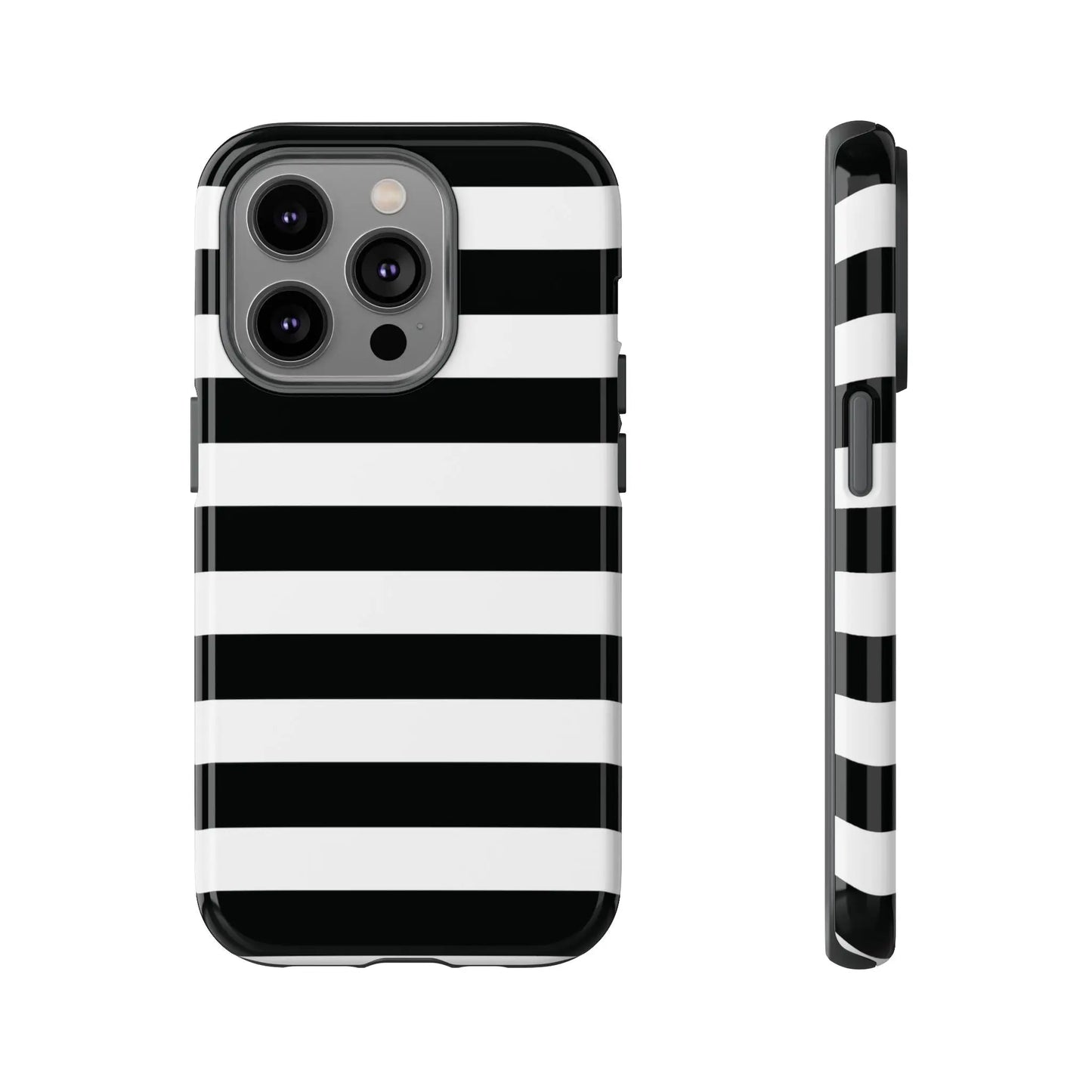 Back side of a black white stripe phone case with bold horizontal stripes for iphone samsung s and google pixel phones