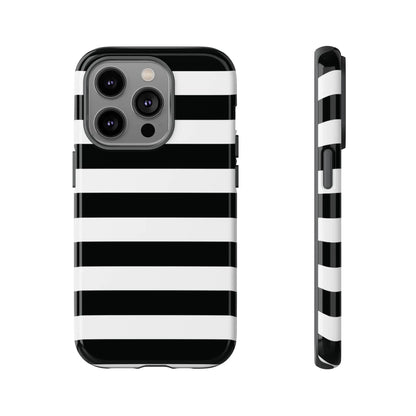 Back side of a black white stripe phone case with bold horizontal stripes for iphone samsung s and google pixel phones