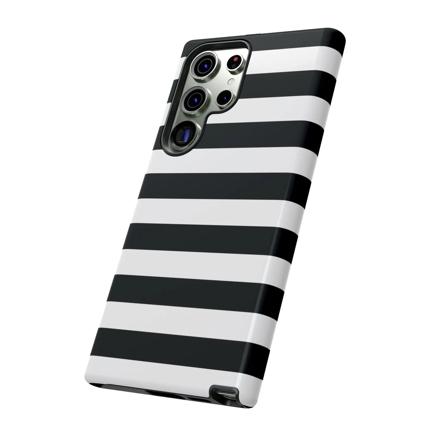 Black white stripe phone case with sleek glossy finish shown from the back for iphone samsung s and google pixel phones