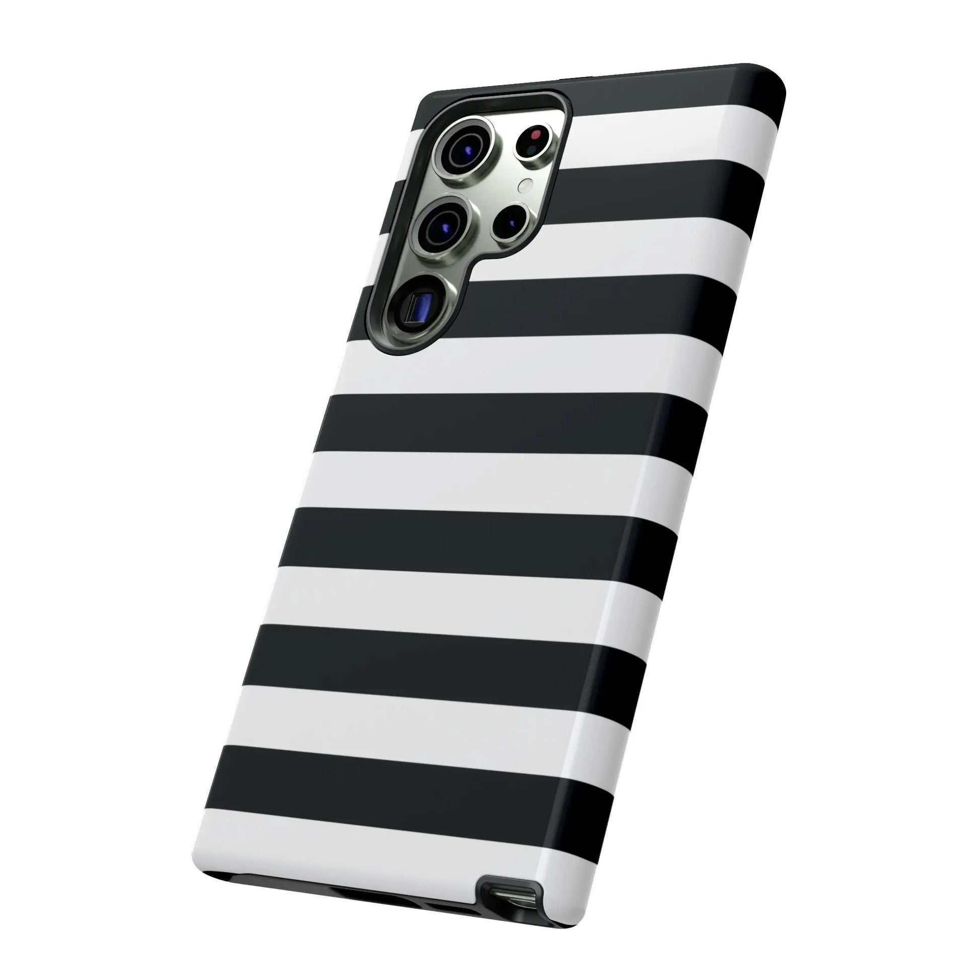 Black white stripe phone case with sleek glossy finish shown from the back for iphone samsung s and google pixel phones