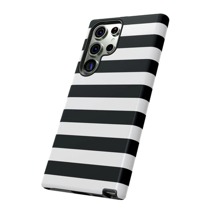Black white stripe phone case with sleek glossy finish shown from the back for iphone samsung s and google pixel phones