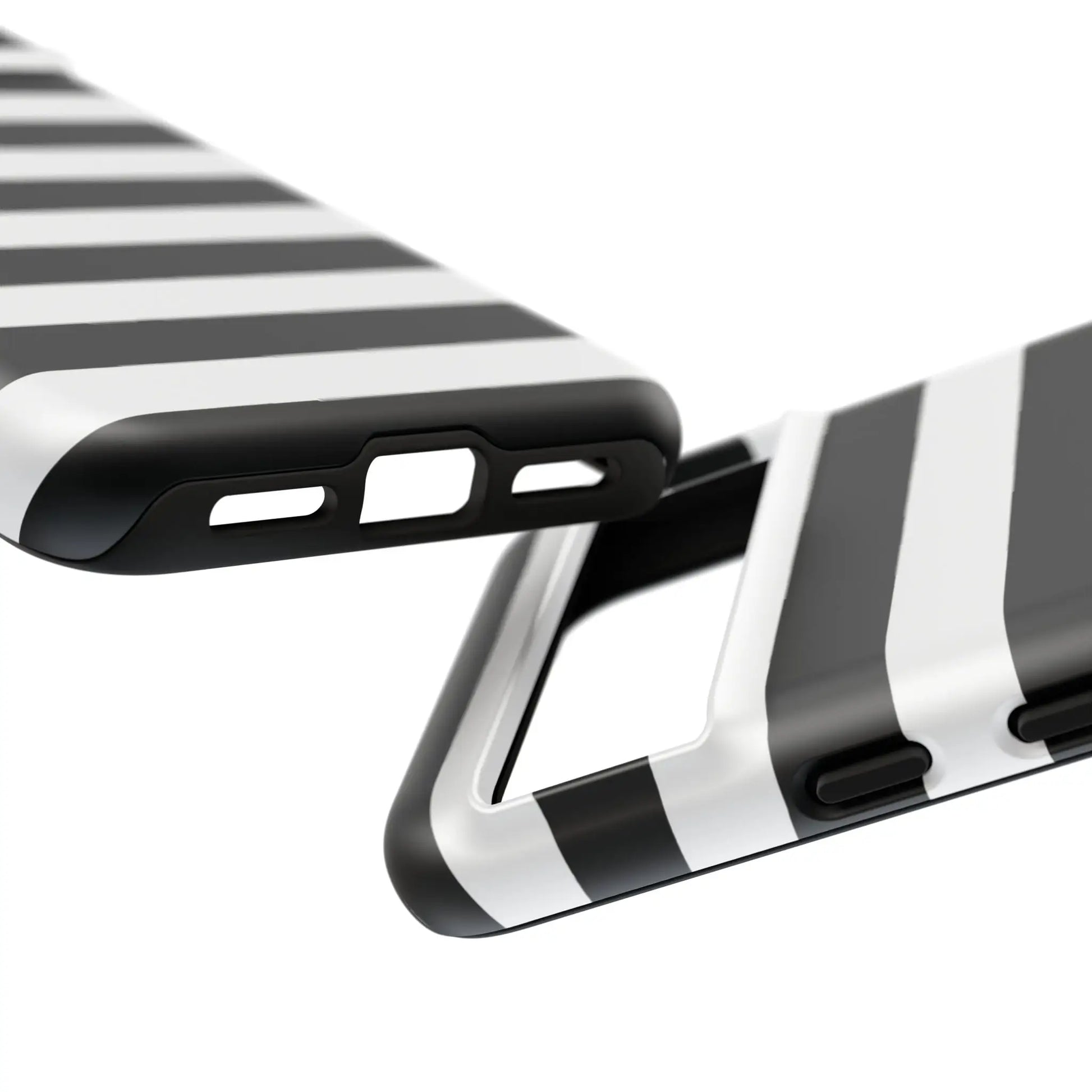 Black white stripe phone case with sleek hard-shell design shown from the back for iphone samsung s and google pixel phones