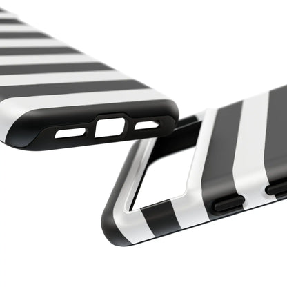 Black white stripe phone case with sleek hard-shell design shown from the back for iphone samsung s and google pixel phones