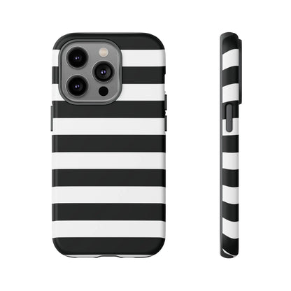 Back side of black white stripe phone case with bold horizontal stripes for iphone samsung s and google pixel phones