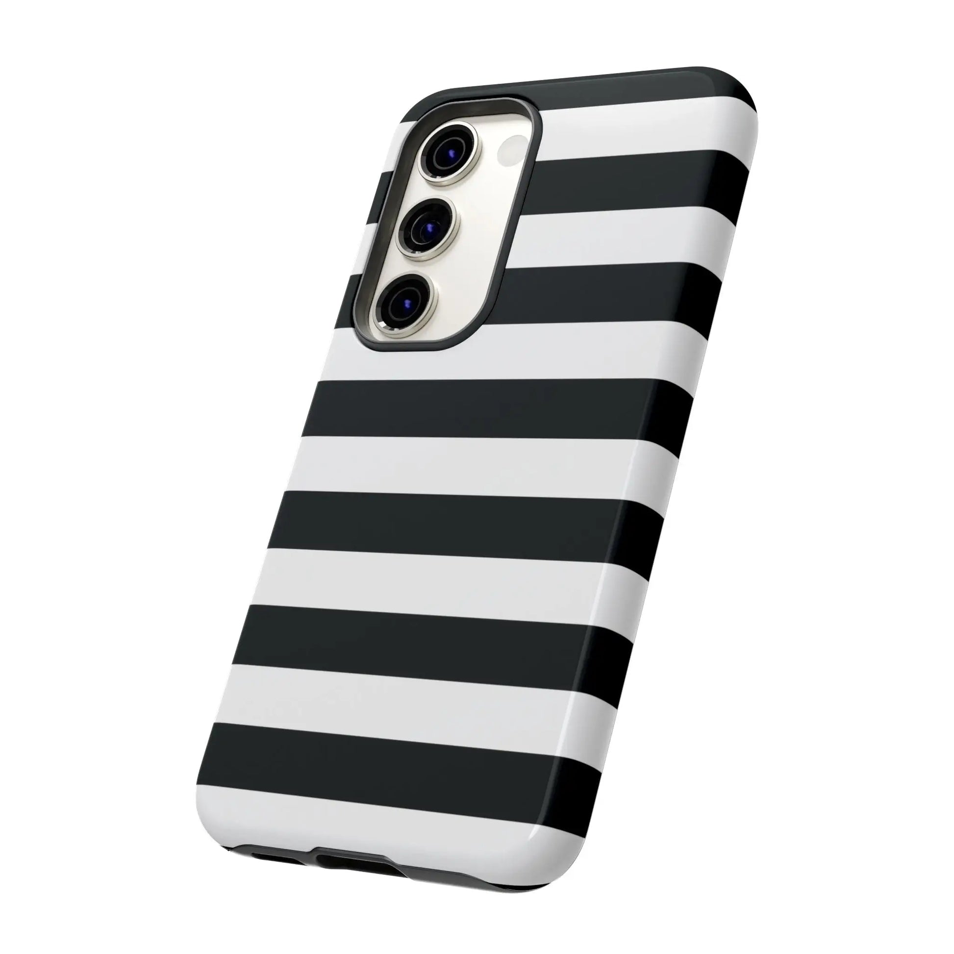 Black white stripe phone case for iphone samsung and google pixel phones with sleek glossy finish back view