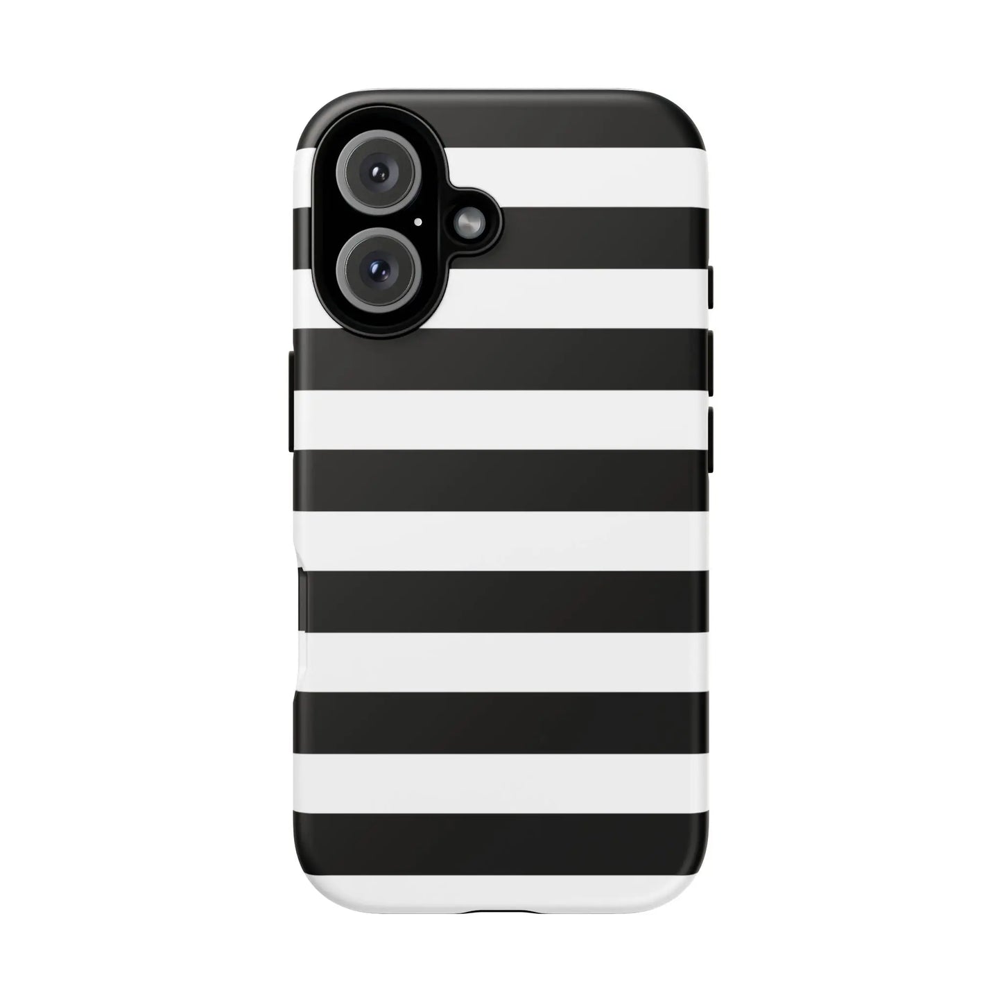 Back side of a sleek black white stripe phone case with horizontal stripes for iphone samsung s and google pixel phones