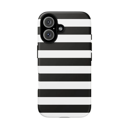 Back side of a sleek black white stripe phone case with horizontal stripes for iphone samsung s and google pixel phones