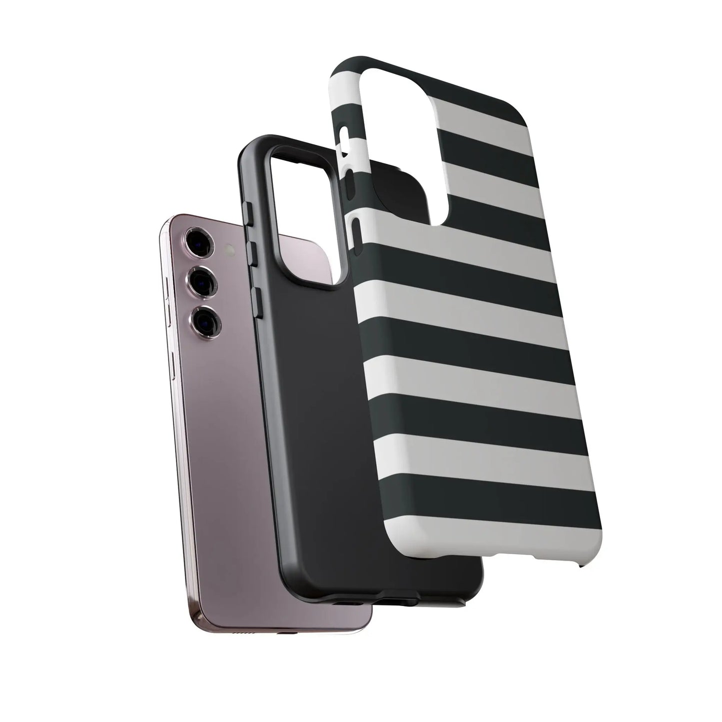 Black white stripe phone case showing the back with a sleek modern design for iPhone Samsung and Google Pixel phones