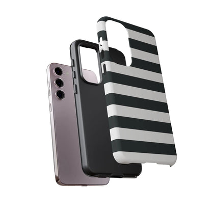 Black white stripe phone case showing the back with a sleek modern design for iPhone Samsung and Google Pixel phones