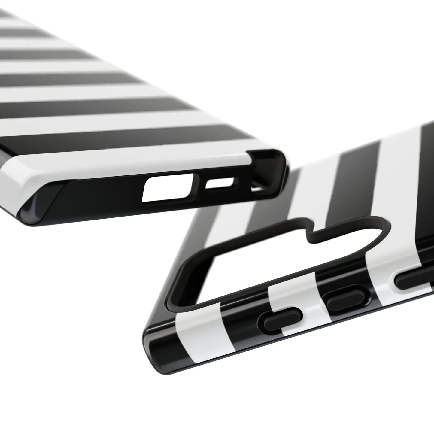 Back side of a black white stripe phone case with glossy finish for iphone samsung s and google pixel phones