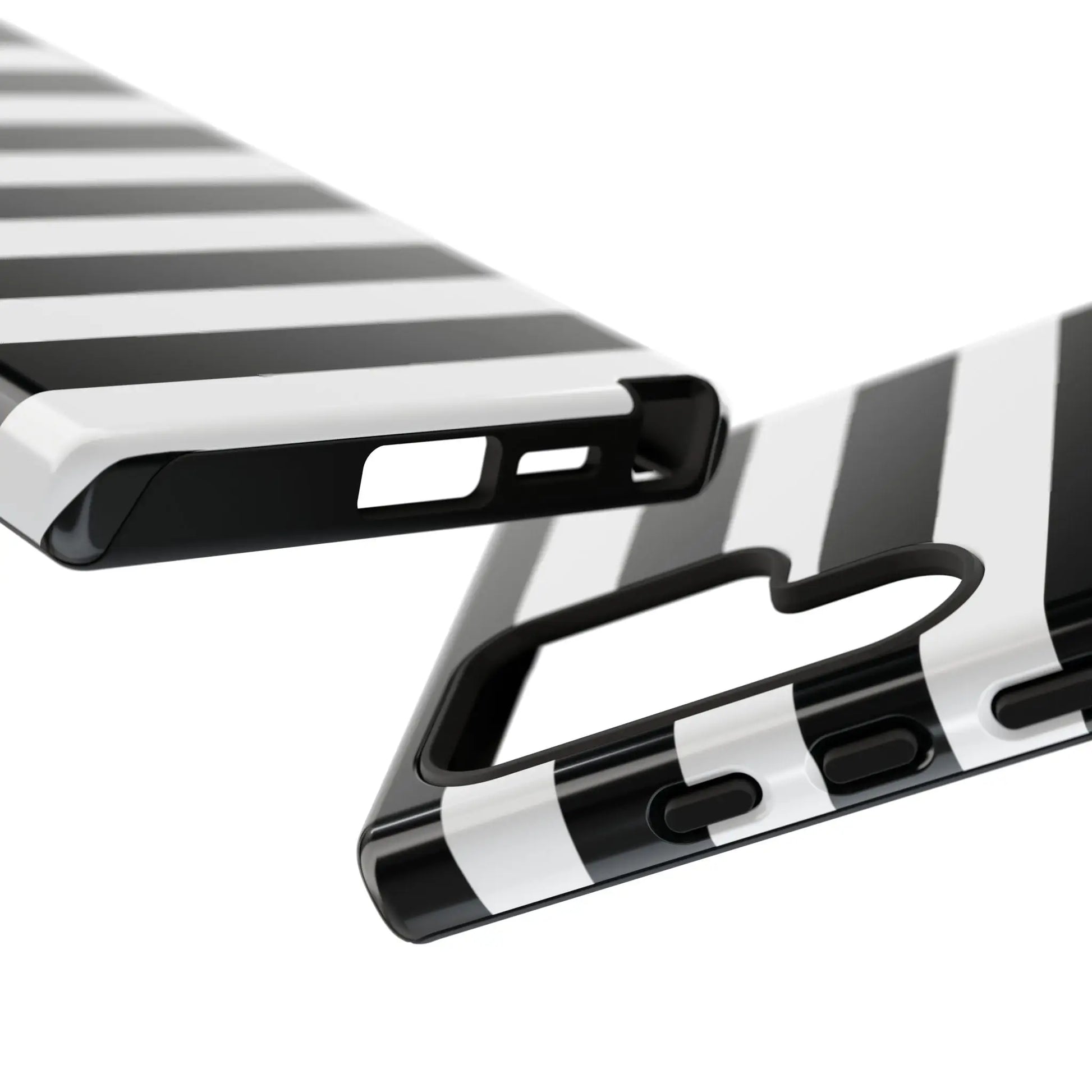 Back side of a black white stripe phone case with glossy finish for iphone samsung s and google pixel phones