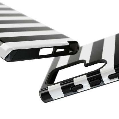Back side of a black white stripe phone case with glossy finish for iphone samsung s and google pixel phones