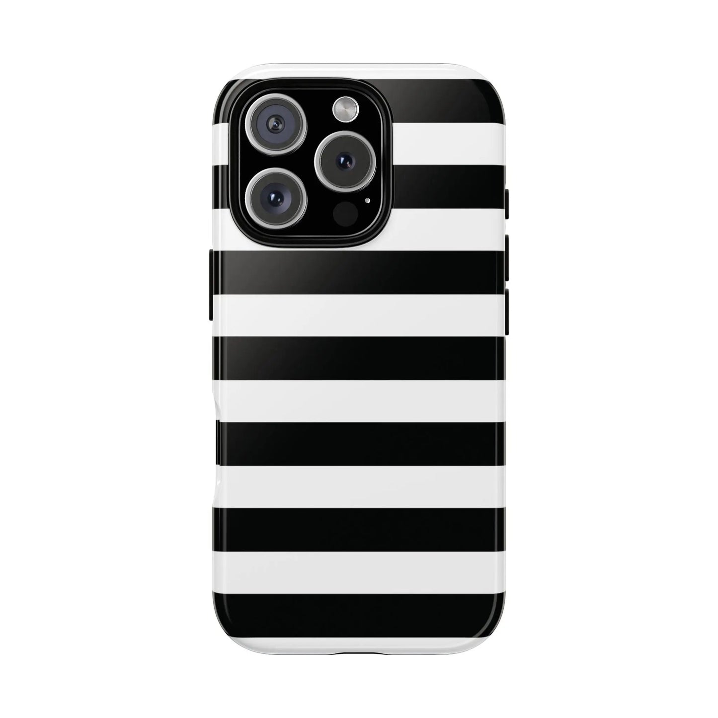 Black white stripe phone case with glossy finish and horizontal stripes shown from the back for iphone samsung and google pixel