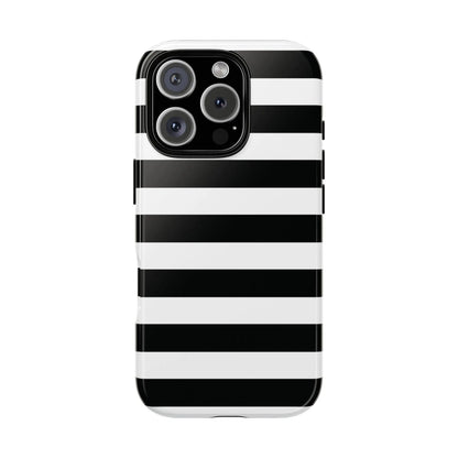Black white stripe phone case with glossy finish and horizontal stripes shown from the back for iphone samsung and google pixel