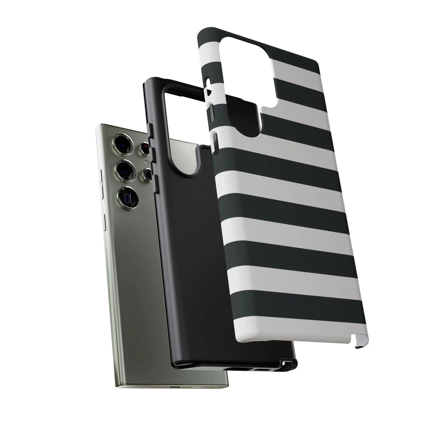 Black white stripe phone case with sleek modern design shown from the back for iphone samsung s google pixel phones