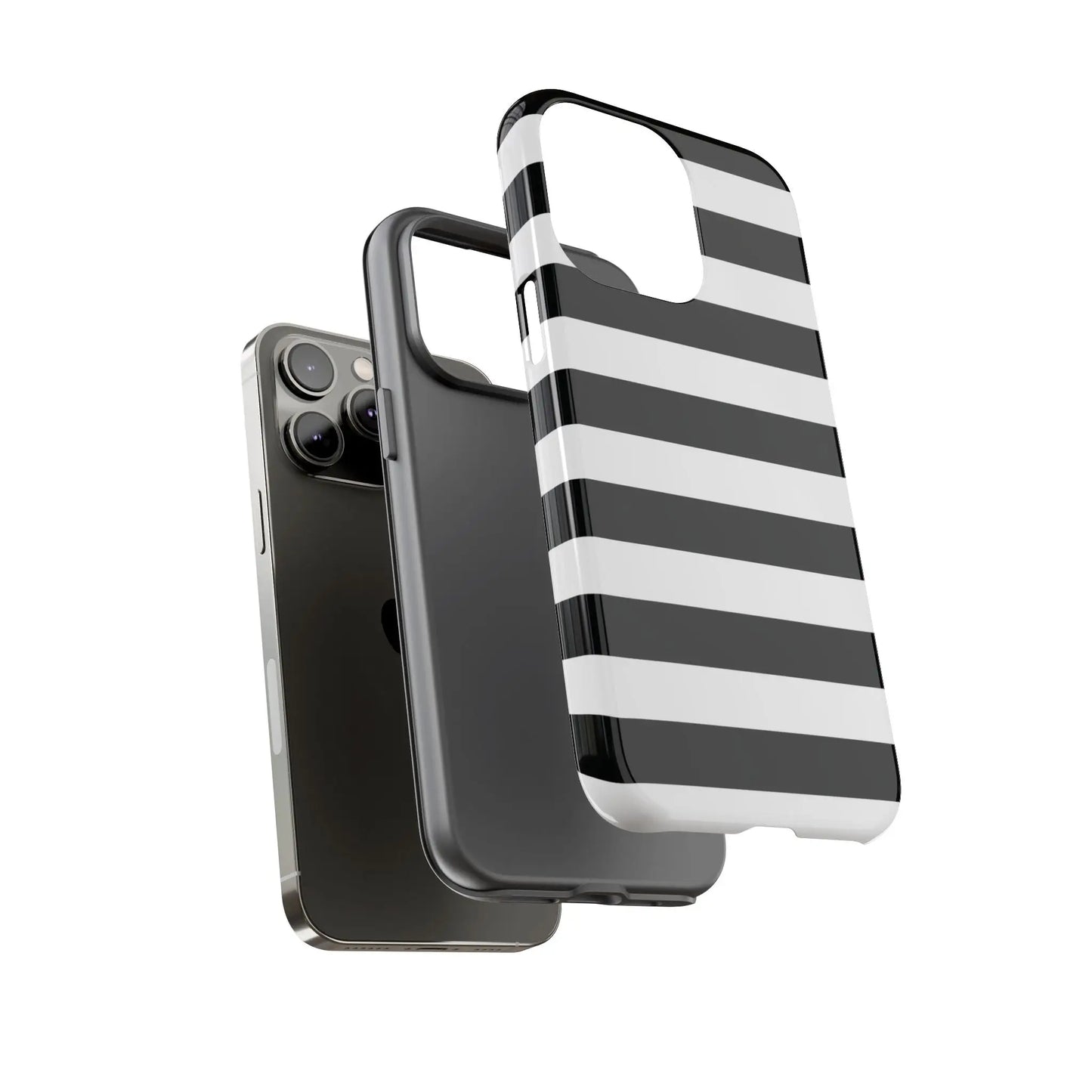 Black white stripe phone case with glossy finish shown from the back for iphone samsung s and google pixel phones