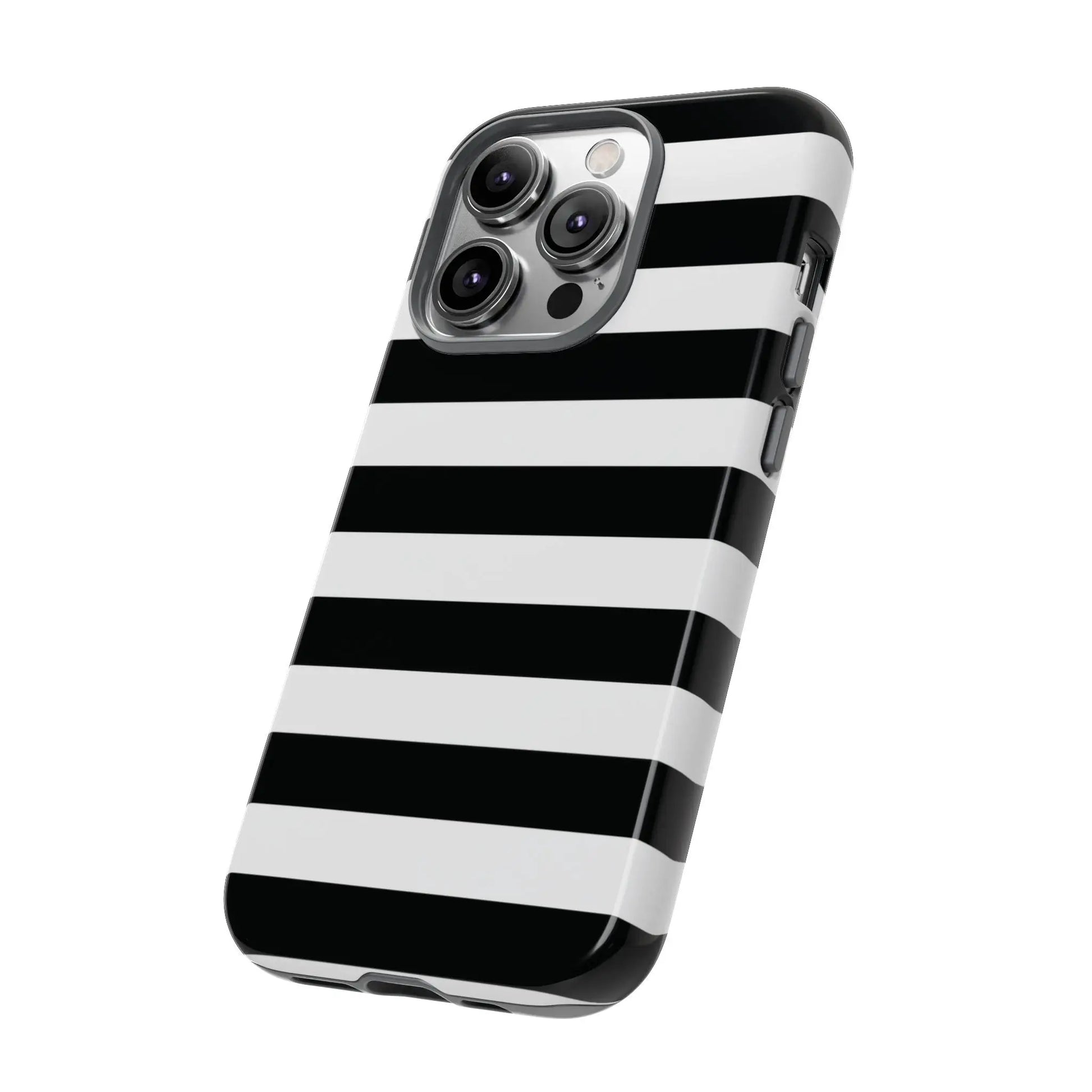 Black white stripe phone case with a glossy finish shown from the back for iphone samsung s and google pixel phones