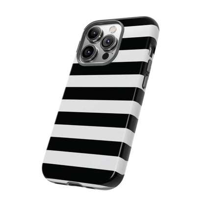 Black white stripe phone case with a glossy finish shown from the back for iphone samsung s and google pixel phones