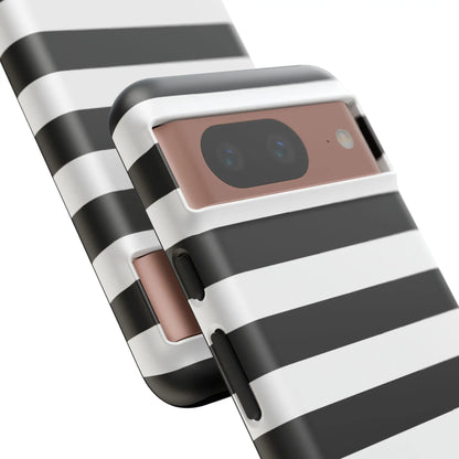 Back of a black white stripe phone case with rose gold accents compatible with iphone samsung s and google pixel phones