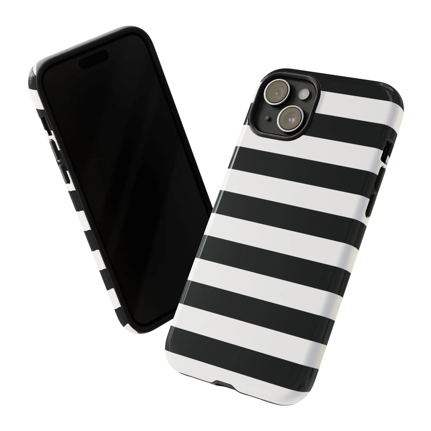 Black white stripe phone case with sleek glossy finish shown from the back for iphone samsung s google pixel phones