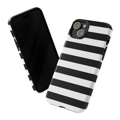 Black white stripe phone case with sleek glossy finish shown from the back for iphone samsung s google pixel phones