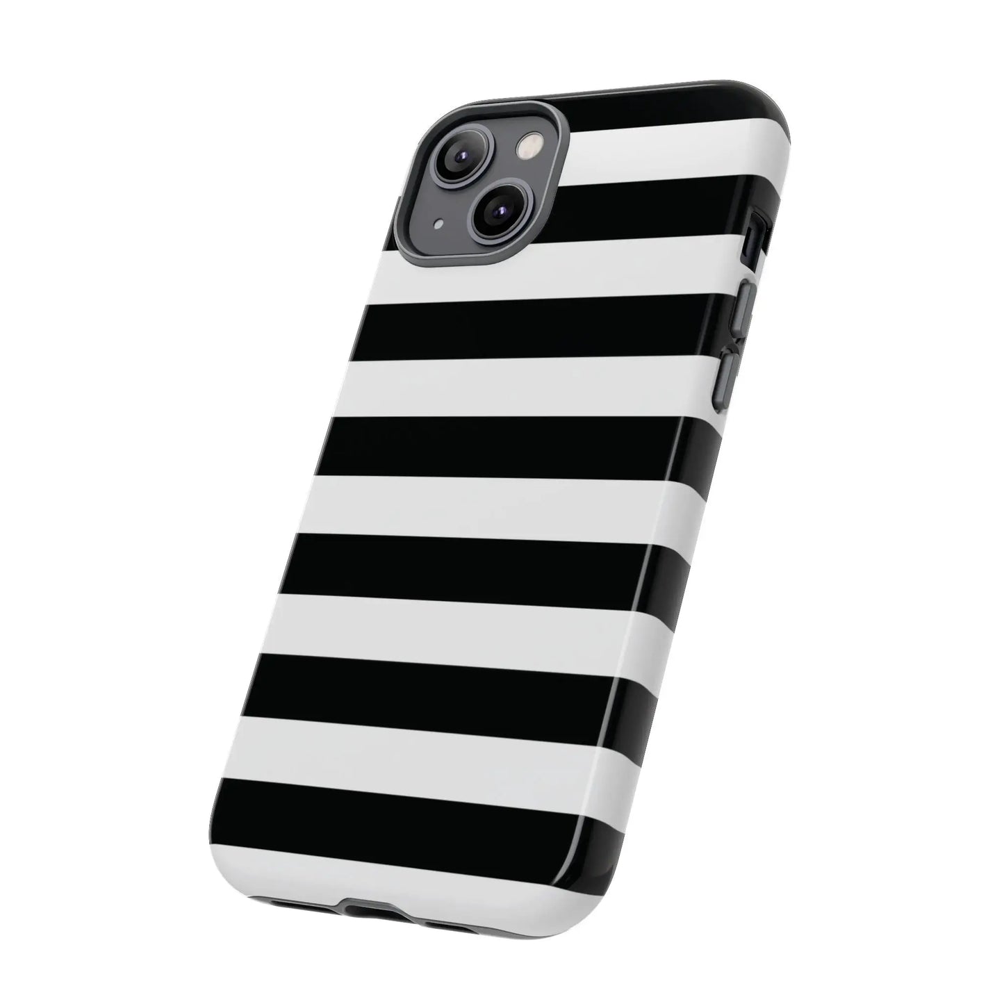 Black white stripe phone case for iphone samsung pixel with glossy finish showing the back side of the case