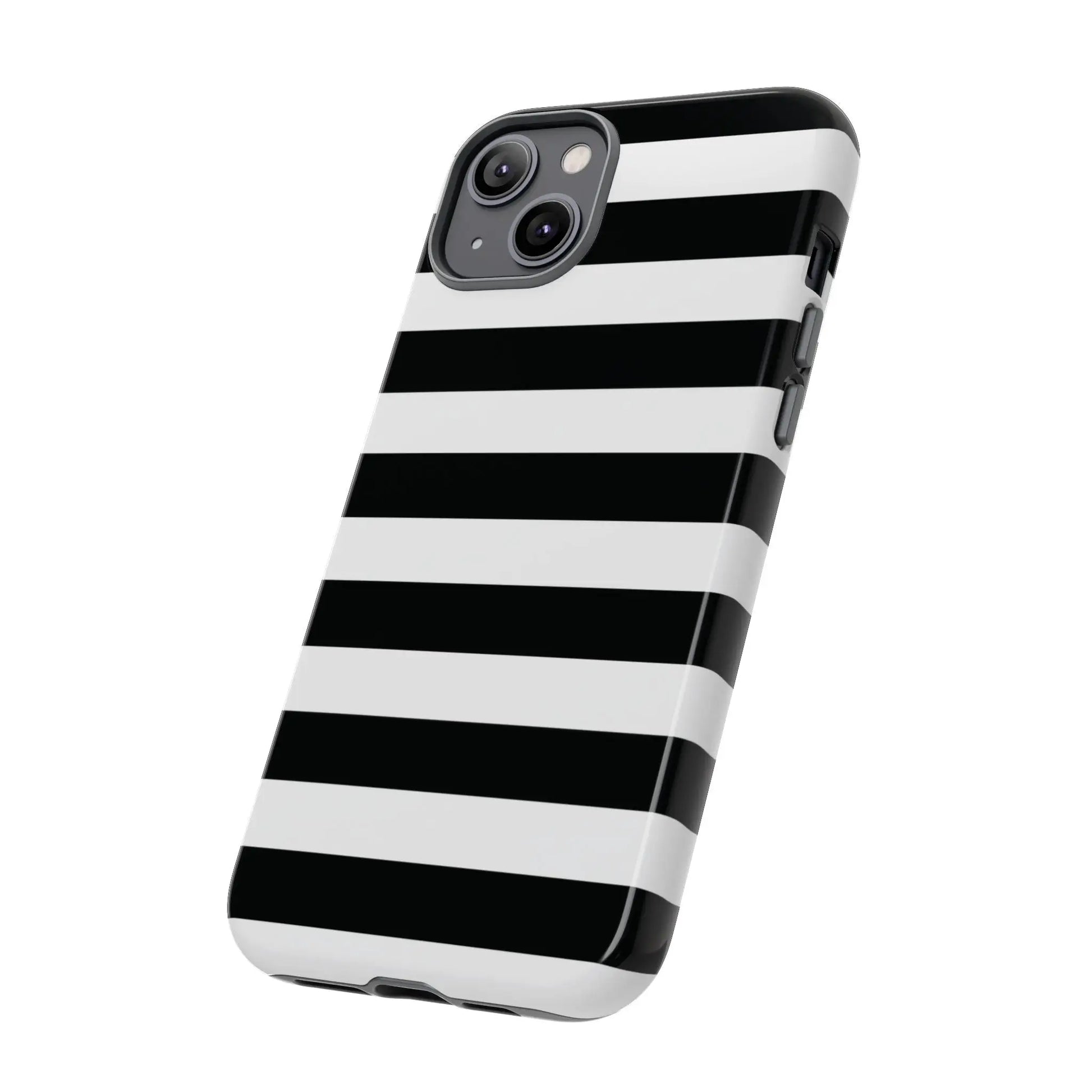 Black white stripe phone case for iphone samsung pixel with glossy finish showing the back side of the case
