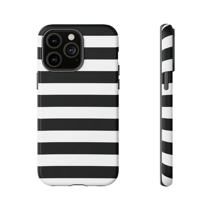 Back side of a black white stripe phone case with bold horizontal stripes for iphone samsung s and google pixel phones