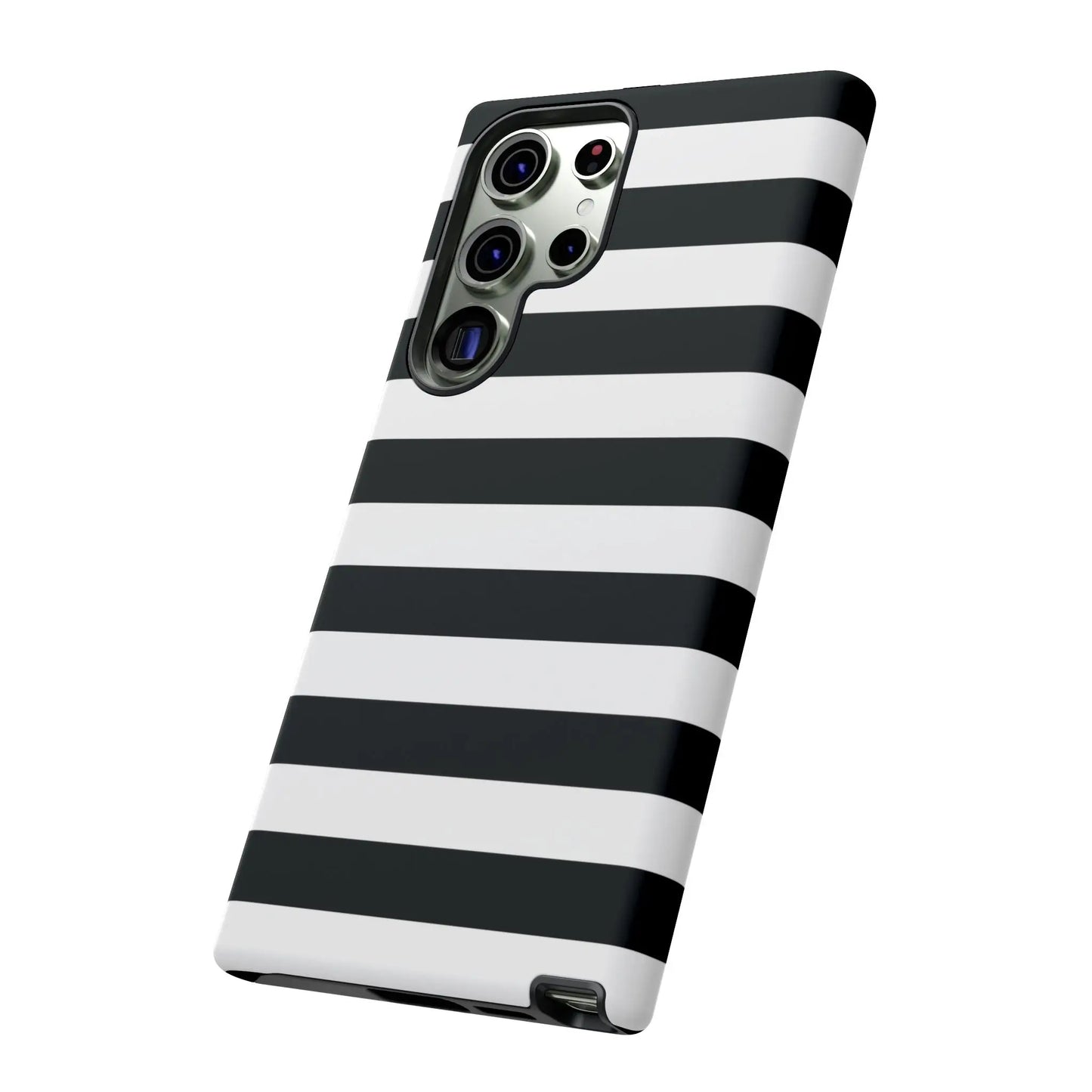 Back side of black white stripe phone case with sleek modern design for iphone samsung s and google pixel phones