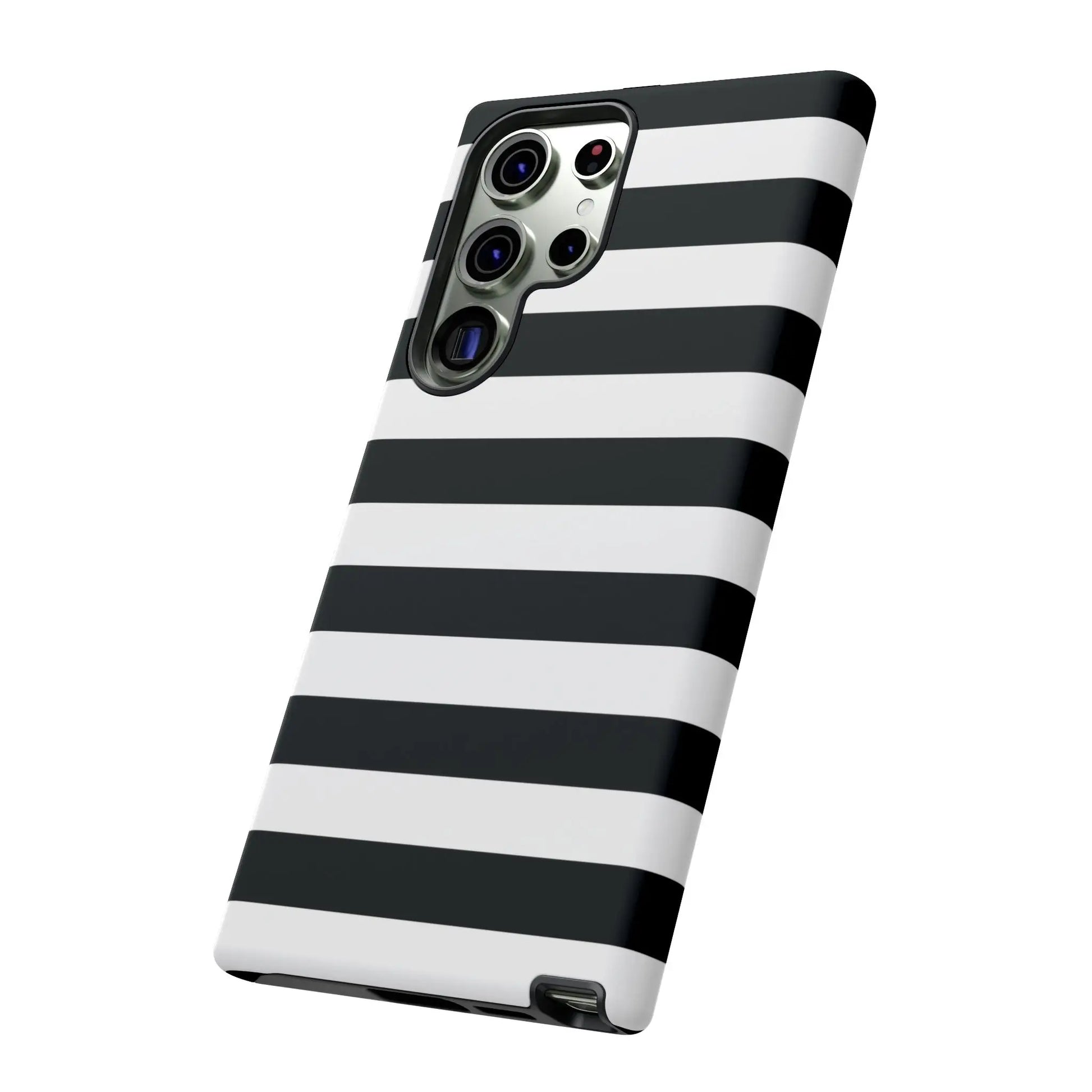 Back side of black white stripe phone case with sleek modern design for iphone samsung s and google pixel phones