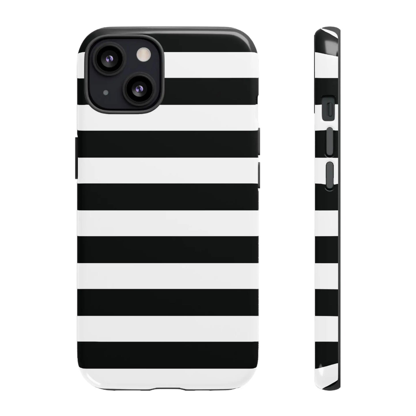 Back side of black white stripe phone case with sleek glossy finish for iphone samsung s and google pixel phones