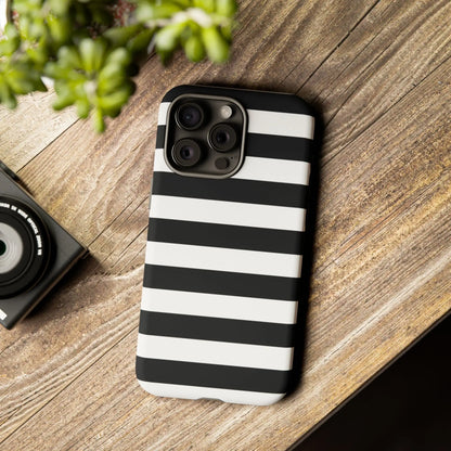 Black white stripe phone case with sleek horizontal stripes shown from the back for iphone samsung and pixel phones