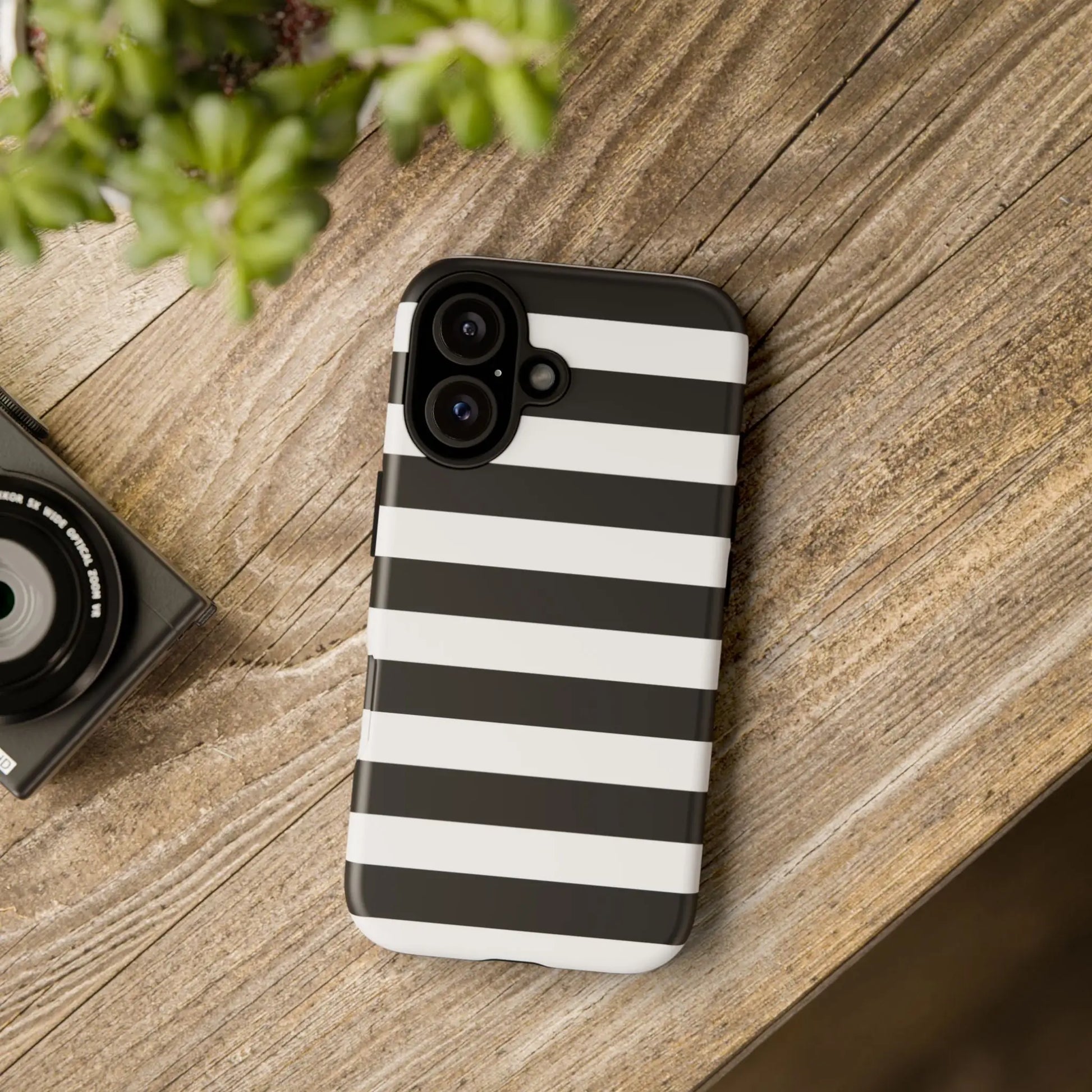 Black white stripe phone case with sleek modern design shown from the back for iphone samsung pixel phones