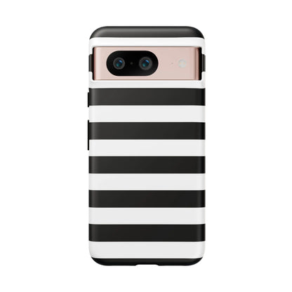 Back side of a black white stripe phone case with rose gold camera cutout for iphone samsung s and google pixel phones