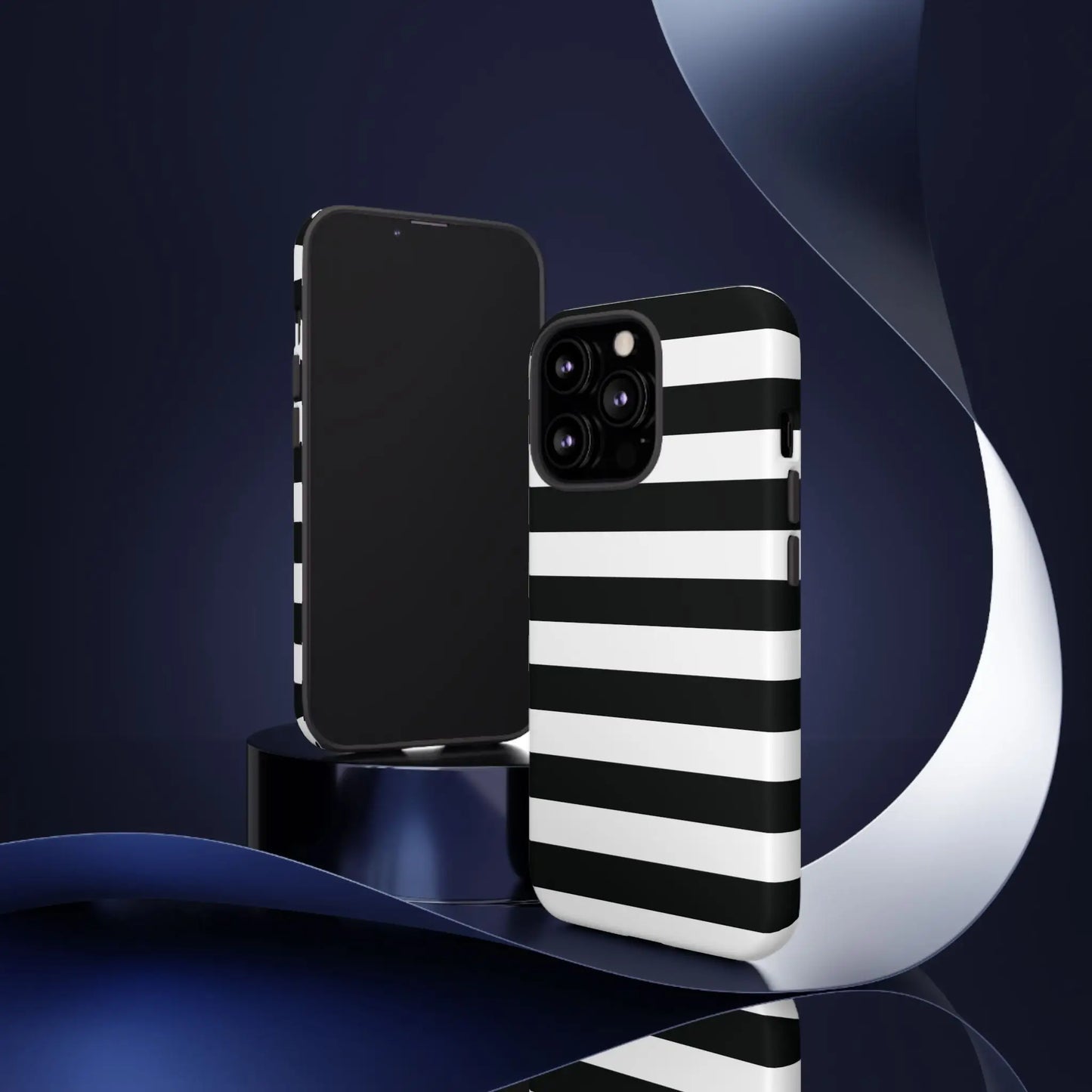 Back side of a black white stripe phone case with bold horizontal stripes for iphone samsung and google pixel phones