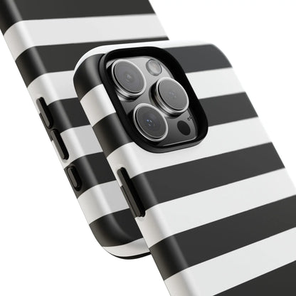 Black white stripe phone case with bold horizontal stripes shown from the back for iphone samsung and google pixel phones