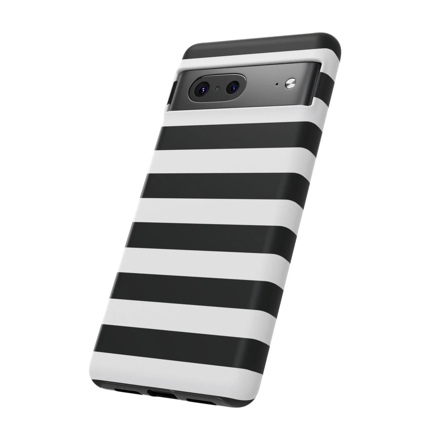 Black white stripe phone case with sleek modern design shown from the back for iphone samsung pixel phones