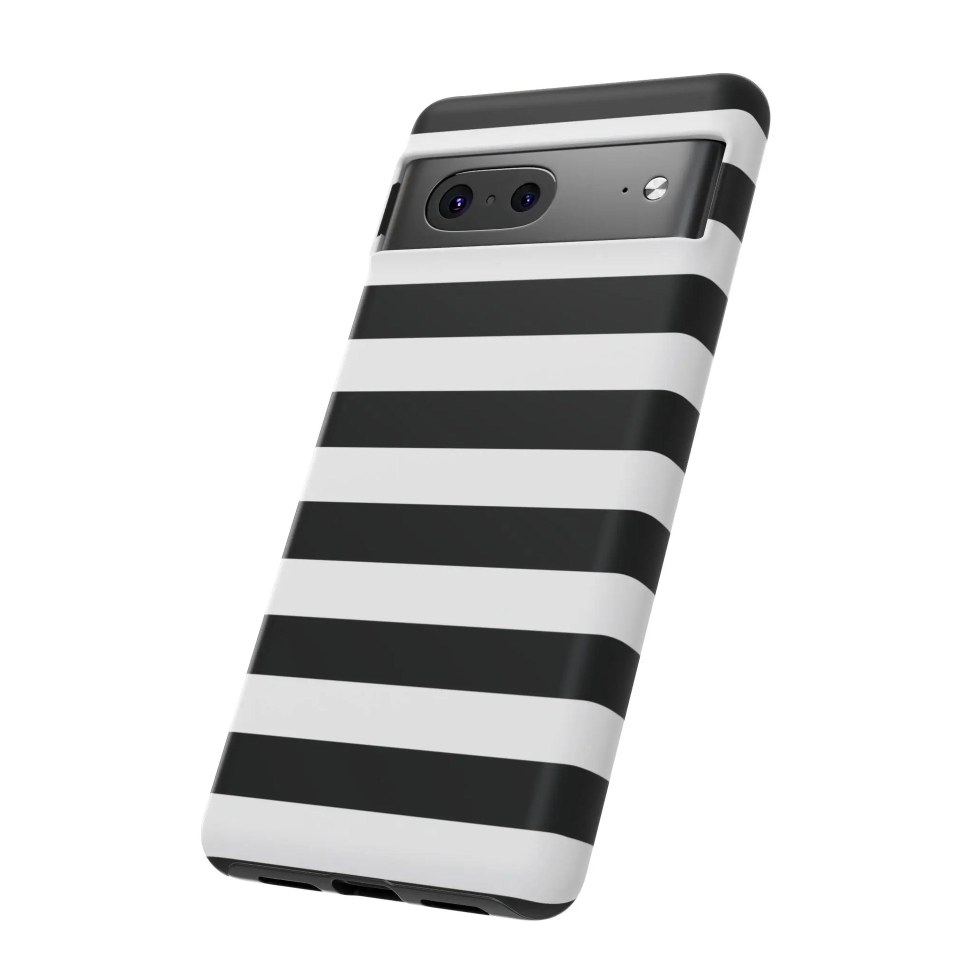 Black white stripe phone case with sleek modern design shown from the back for iphone samsung pixel phones