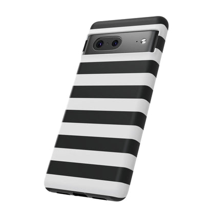 Black white stripe phone case with sleek modern design shown from the back for iphone samsung pixel phones