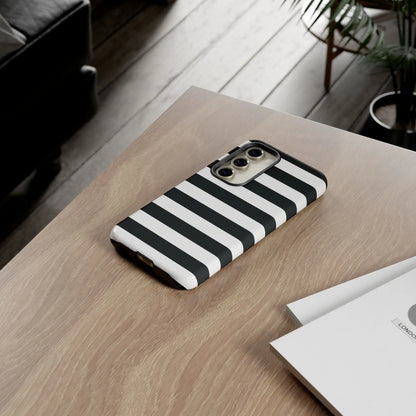 Black white stripe phone case for iphone samsung s google pixel phones showing back side with sleek modern design