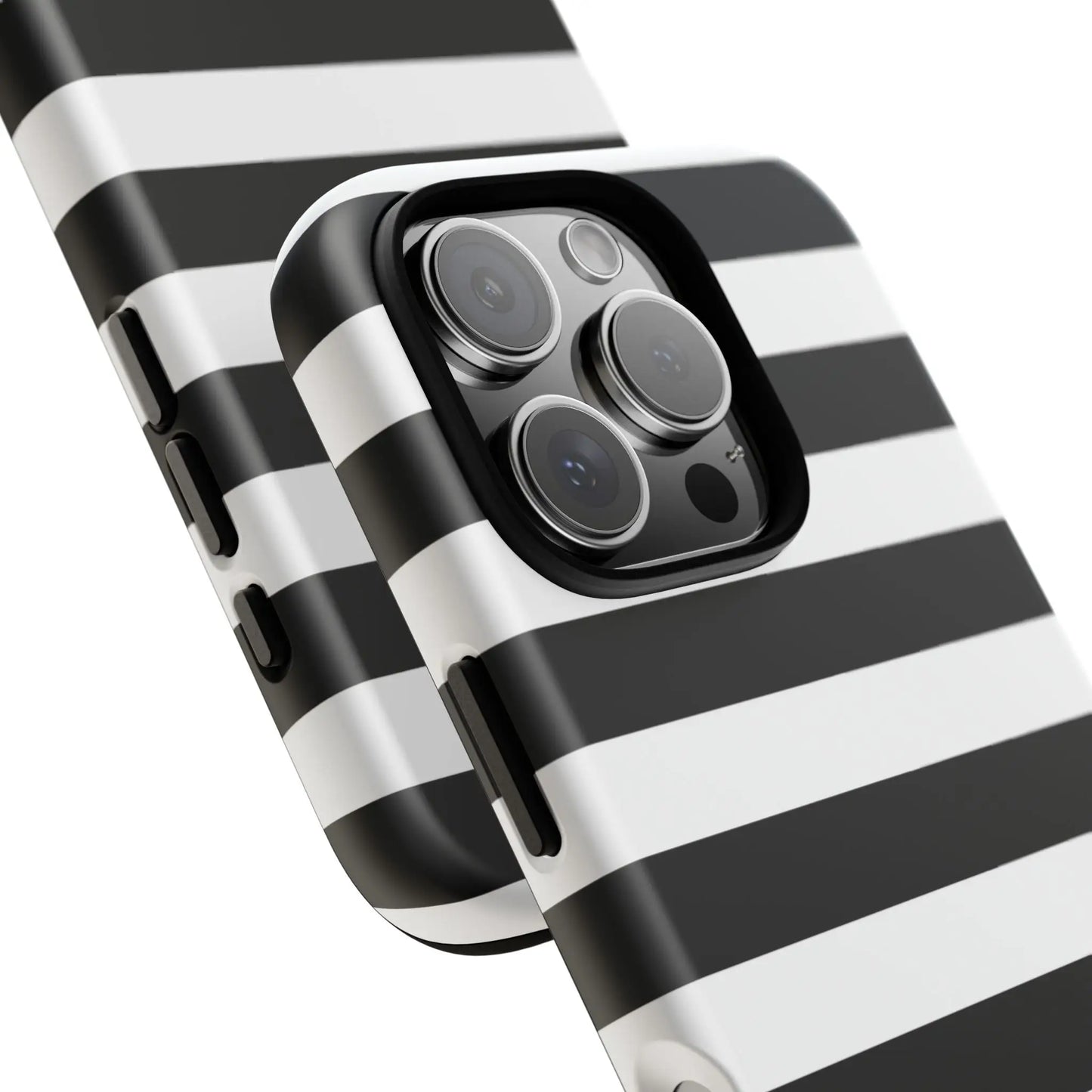 Black white stripe phone case showing back side with sleek modern design for iPhone Samsung S and Google Pixel phones